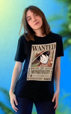 Cam Preta One Piece Wanted Monkey-D-Luffy Modelo Fem