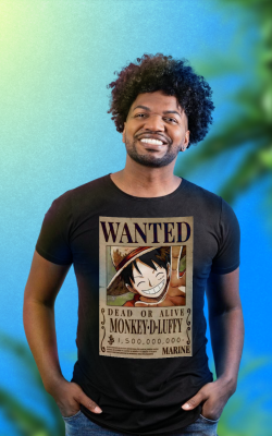 Cam Preta One Piece Wanted Monkey-D-Luffy Modelo Masc